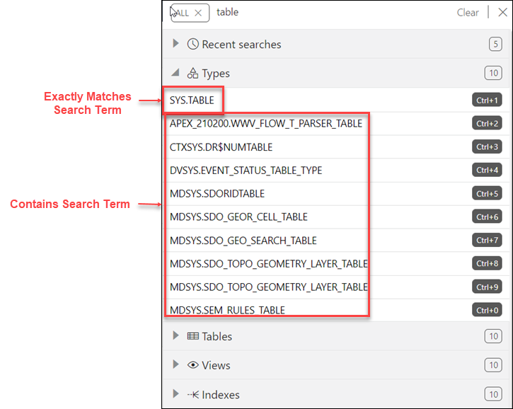 This image shows how results are displayed as two groups when using the Search field.