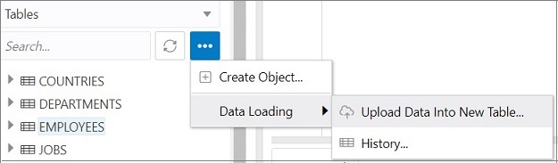 This image depicts the Data Loading option in the left pane in SQL Worksheet.