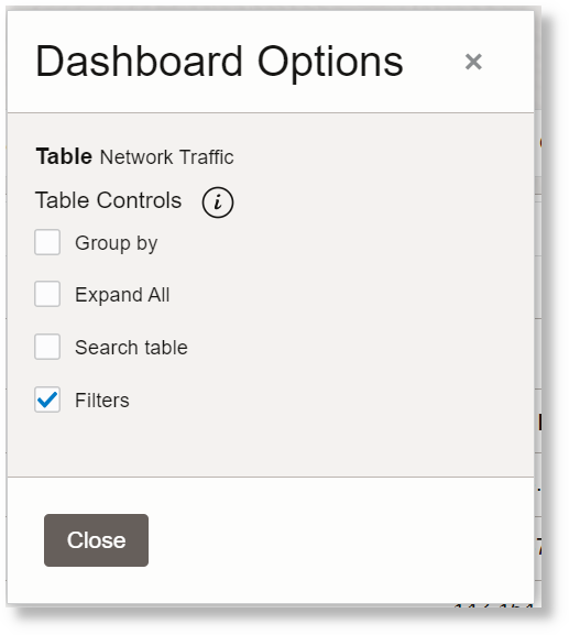 Dashboard Settings for the Table