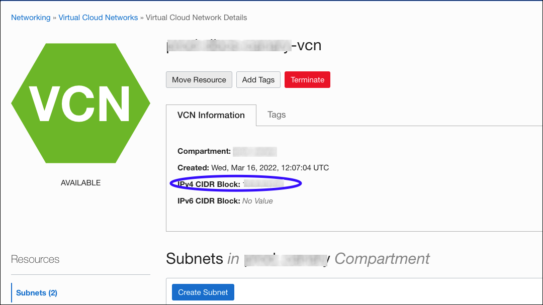 Graphic shows the VCN details page.