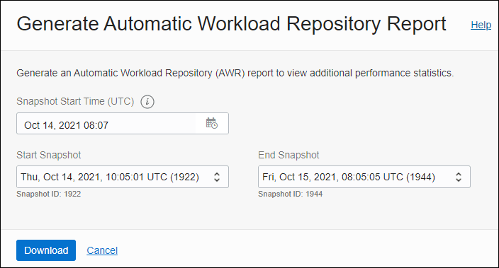 Graphic displays the Generate Automatic Workload Repository Report dialog. Graphic displays the Generate Automatic Workload Repository Report dialog.