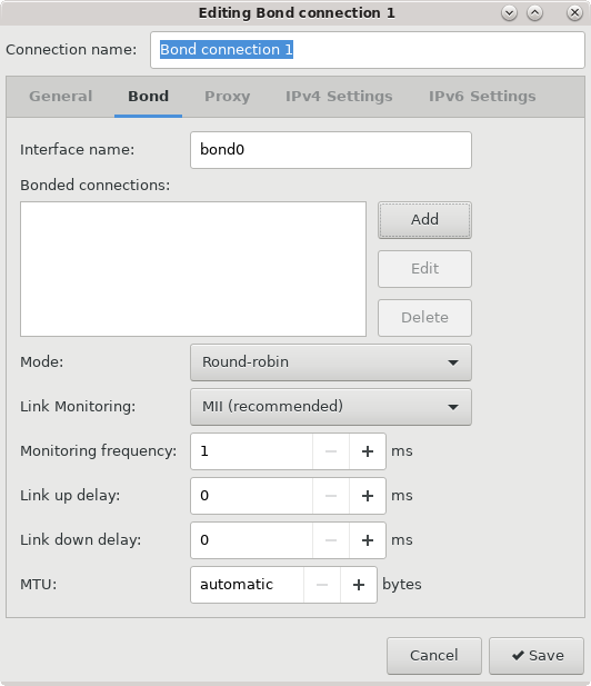 The figure shows the Network Connections interface editor open and ready to configure a new bonded network interface.