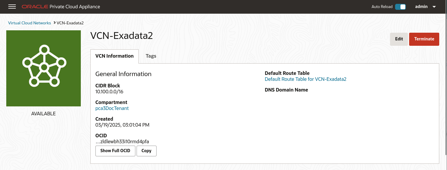 Figure showing the VCN dialog box from Compute UI.