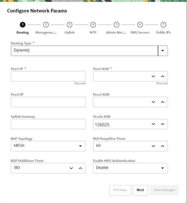 Figure showing the routing parameters page of the Network Configuration wizard.
