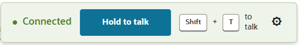 Push-to-talk controls showing Connected, Hold to talk, the example shortcut Shift plus T, and the audio settings icon.