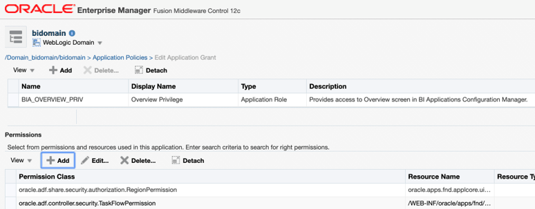 Image displays the Add icon under Permissions for BIA_OVERVIEW_PRIV.