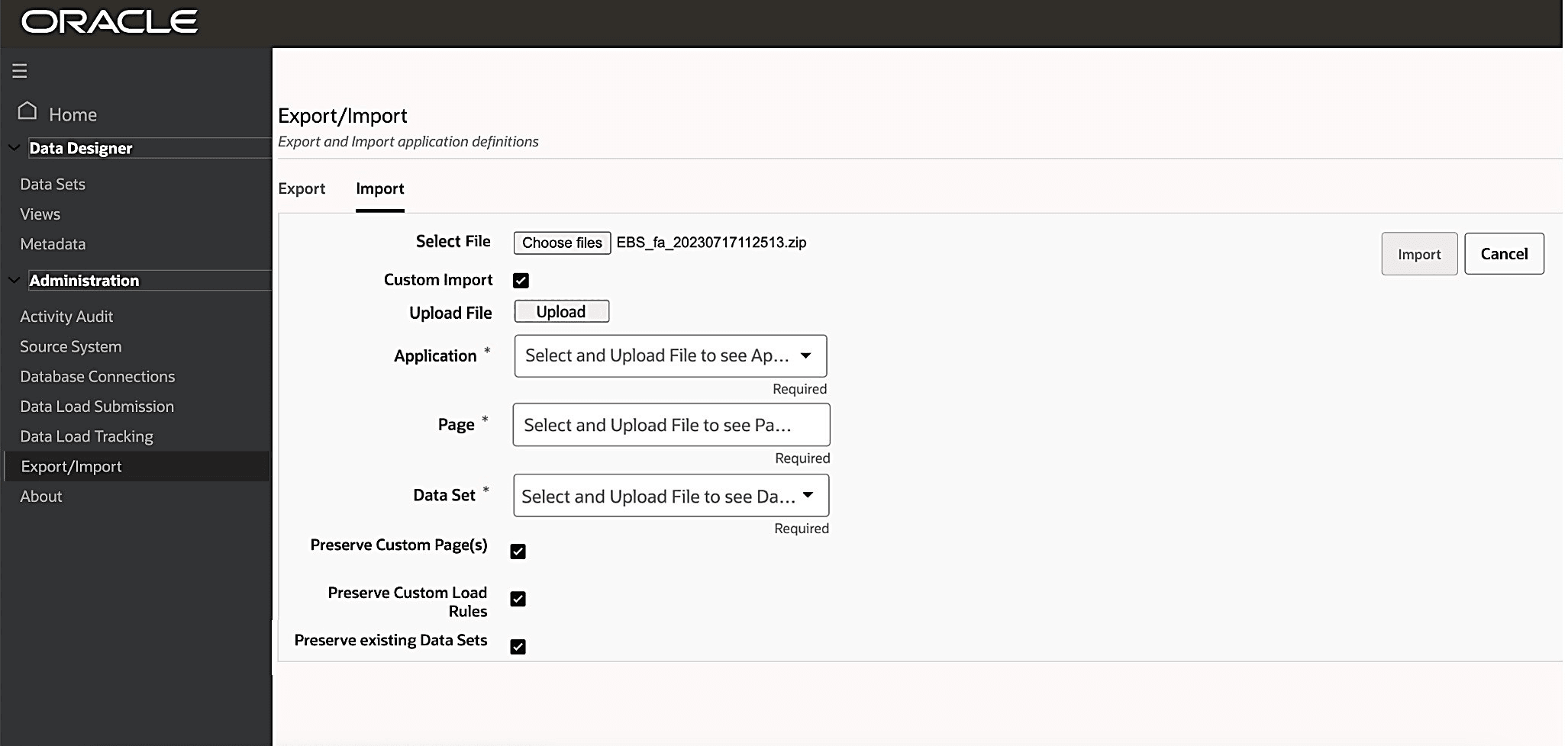 Import Tab on the Export/Import Page