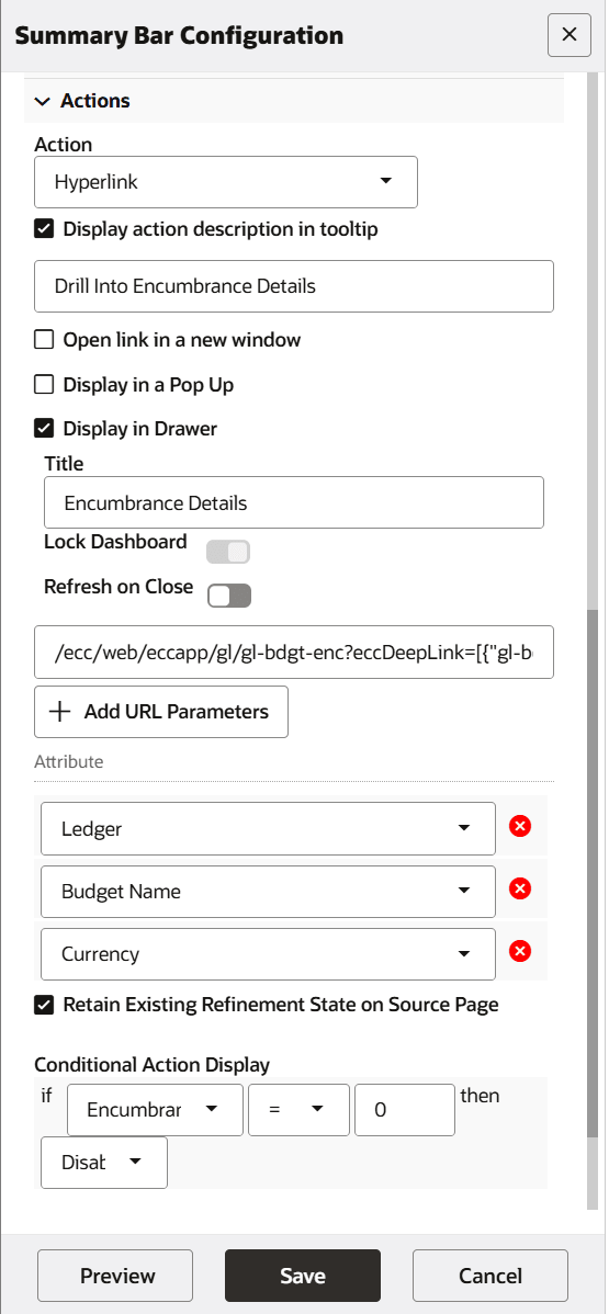 Hyperlink Configuration in Summary Bar Configuration Panel