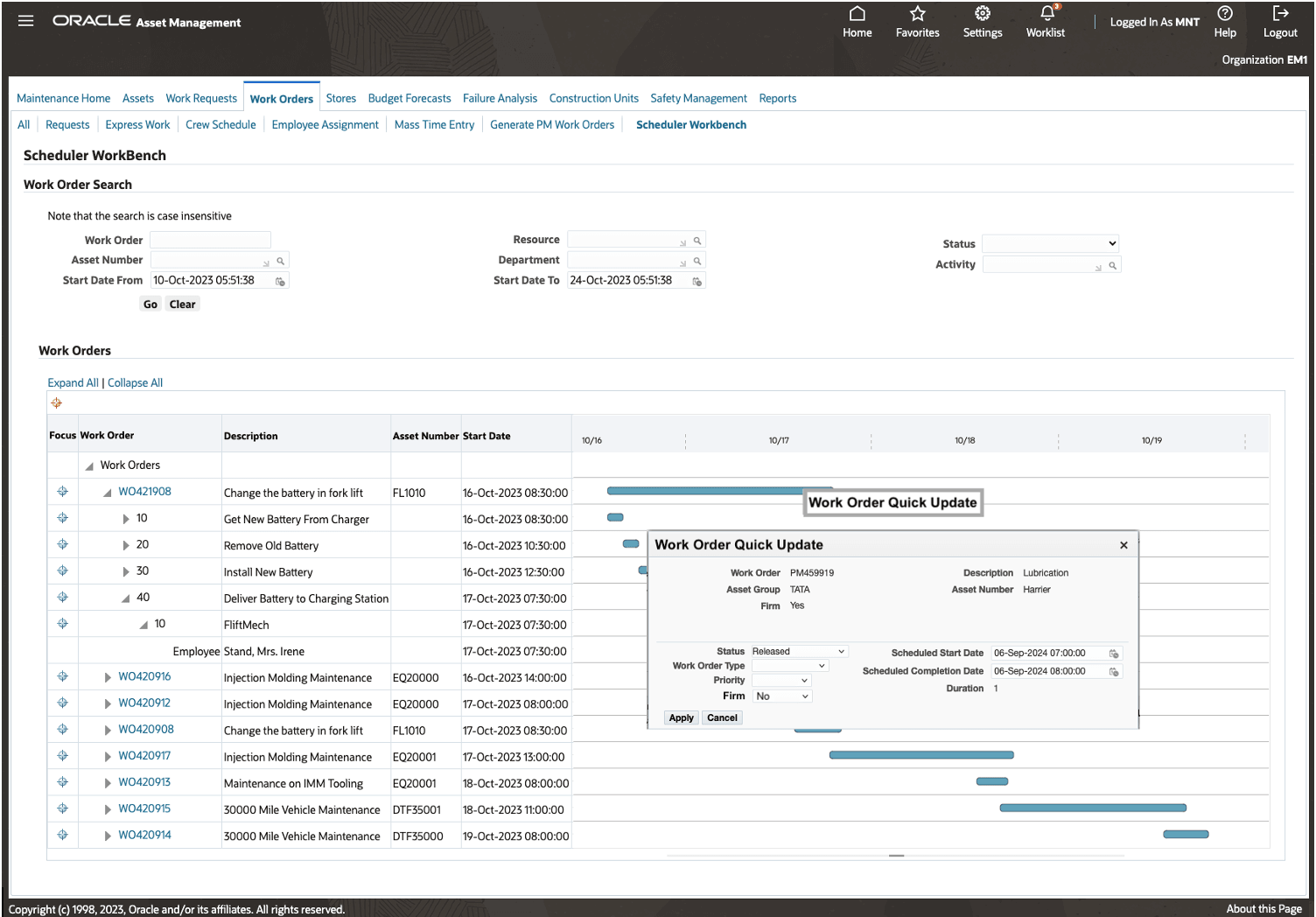 Work Order Quick Update Popup