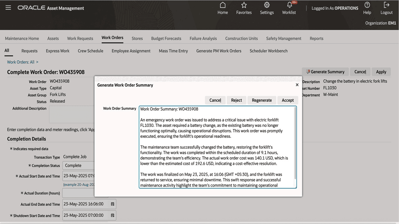 Work Order Summary generated by AI