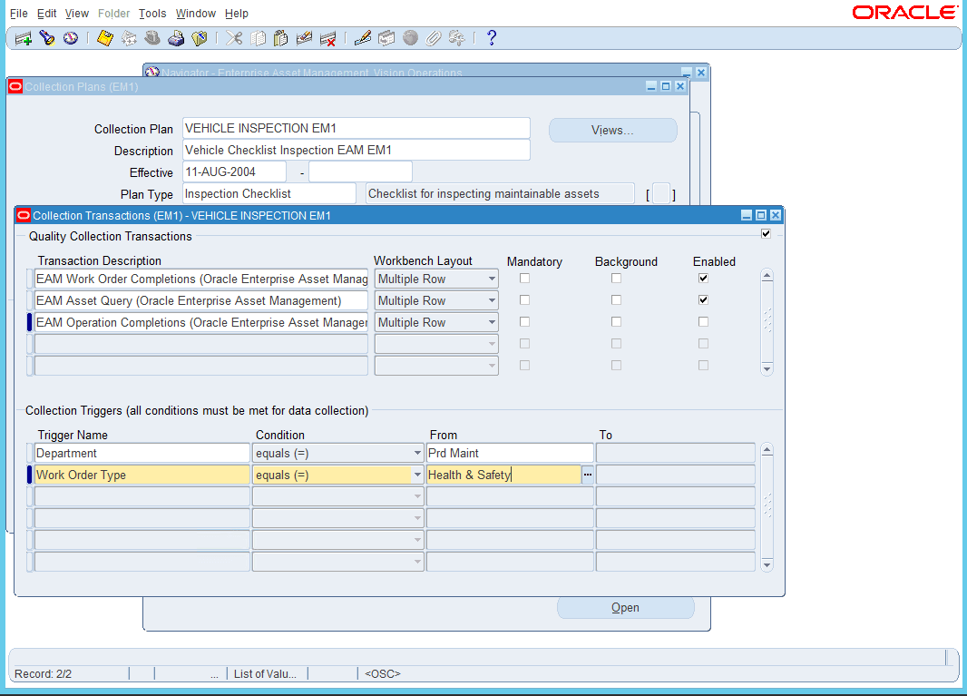 Operation Completion Quality Plan Setup
