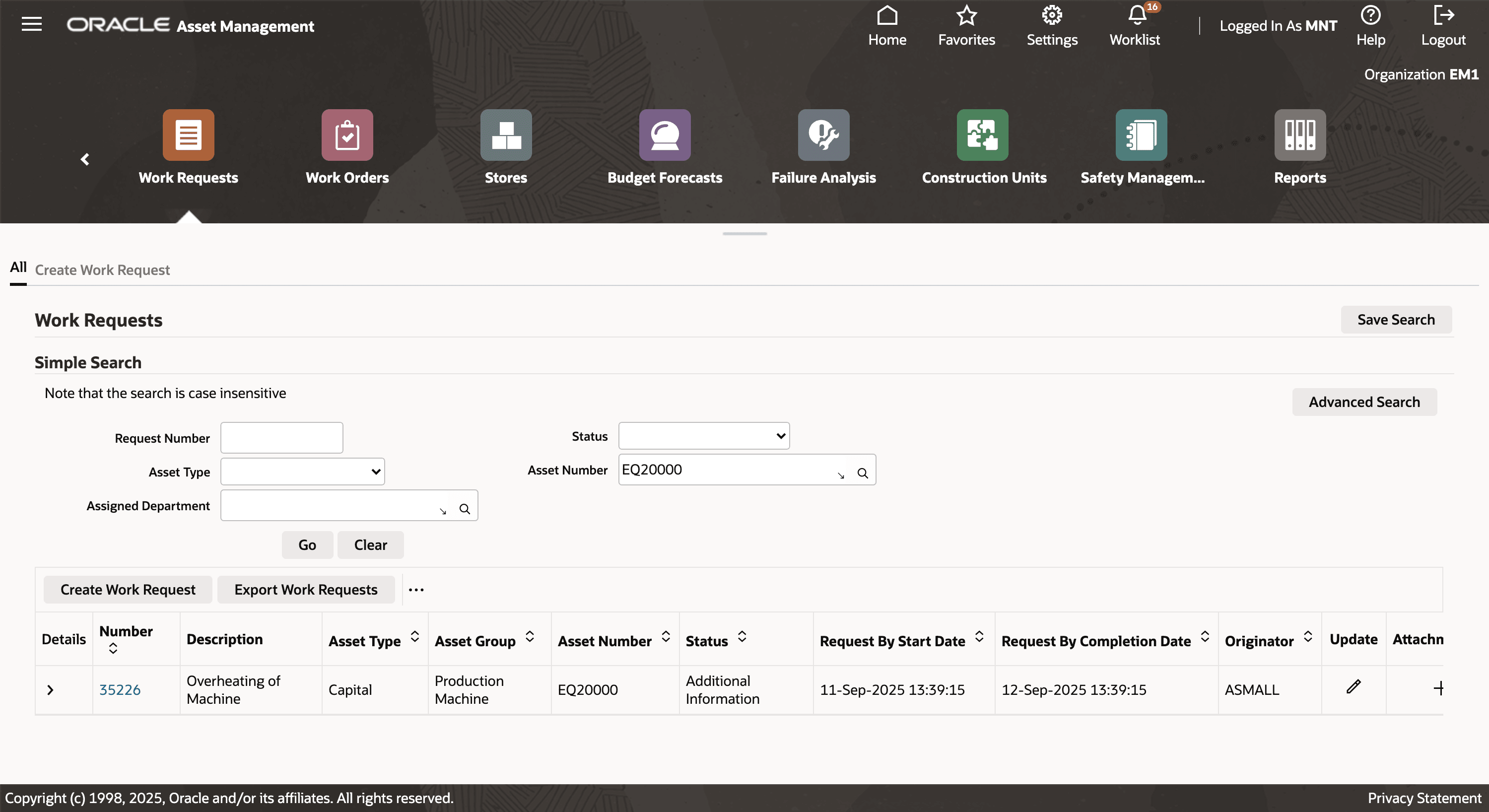 Work Request Search List Screen with Additional Information Status and Update Action