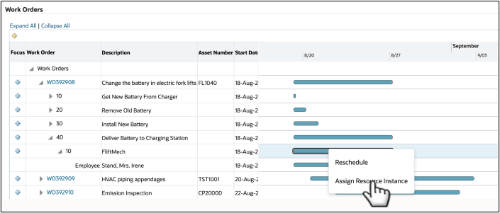 Gantt chart action for resource