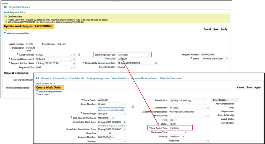 Work Request Type Mapping to Work Order Type