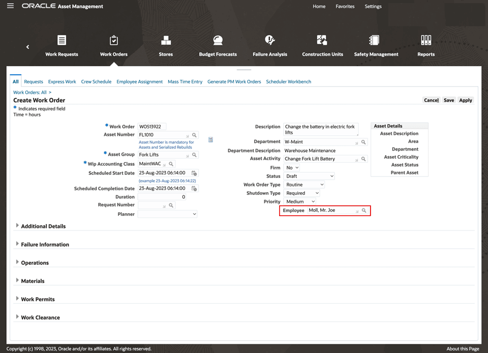 Assigning an employee at the work order level.