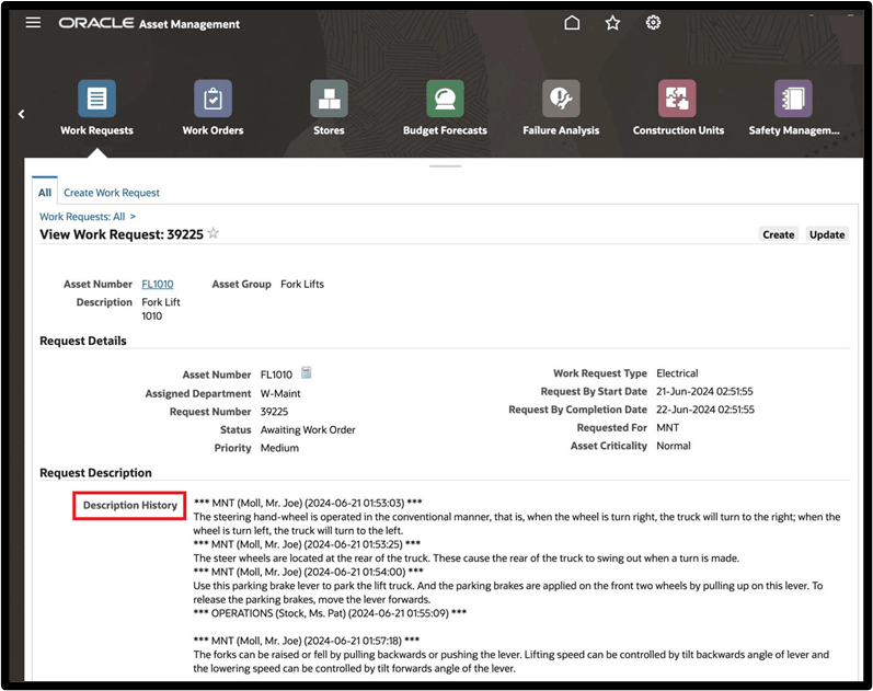 Work Request Description copied to work order