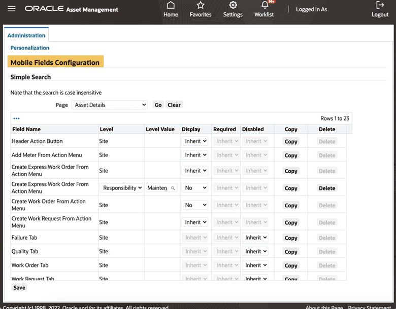 Mobile Fields Configuration