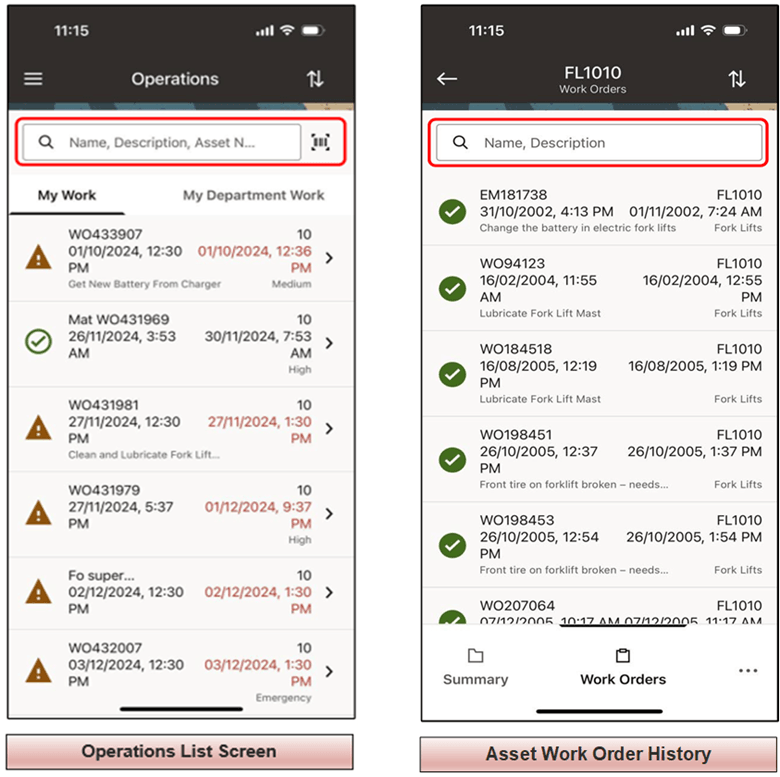 Searching Asset Work Orders