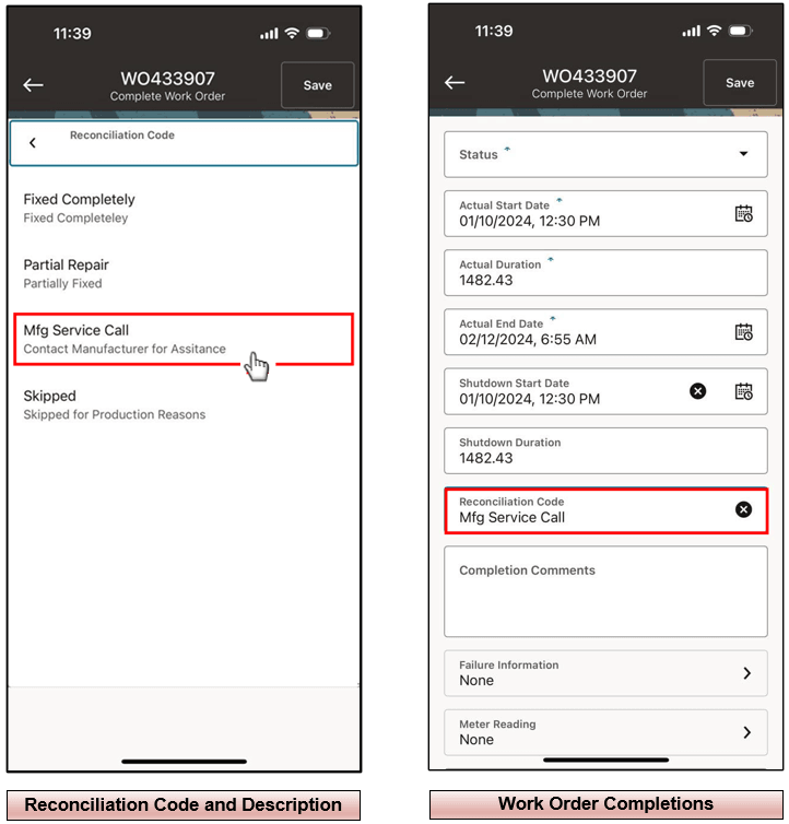 View Reconciliation Code Description in LOV During Work Order Completion
