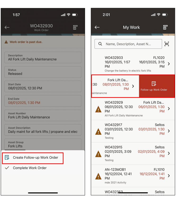 Creating a follow-up work order.