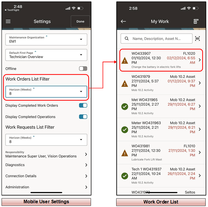 View Work Orders with Start Dates Inside and Completion Dates Outside Time Horizon Filter