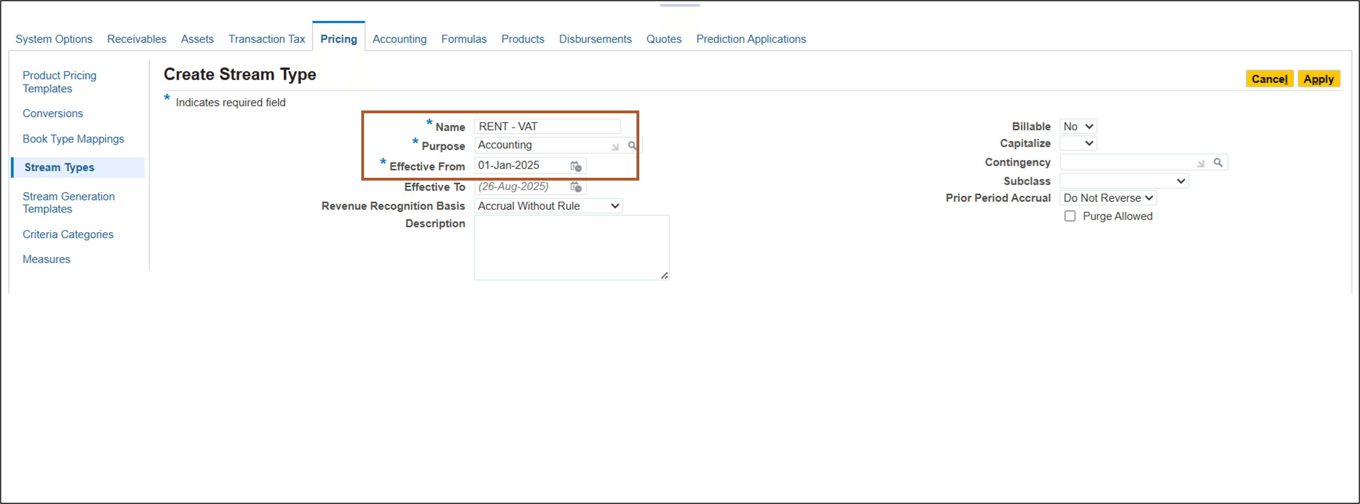 Create Stream Type page