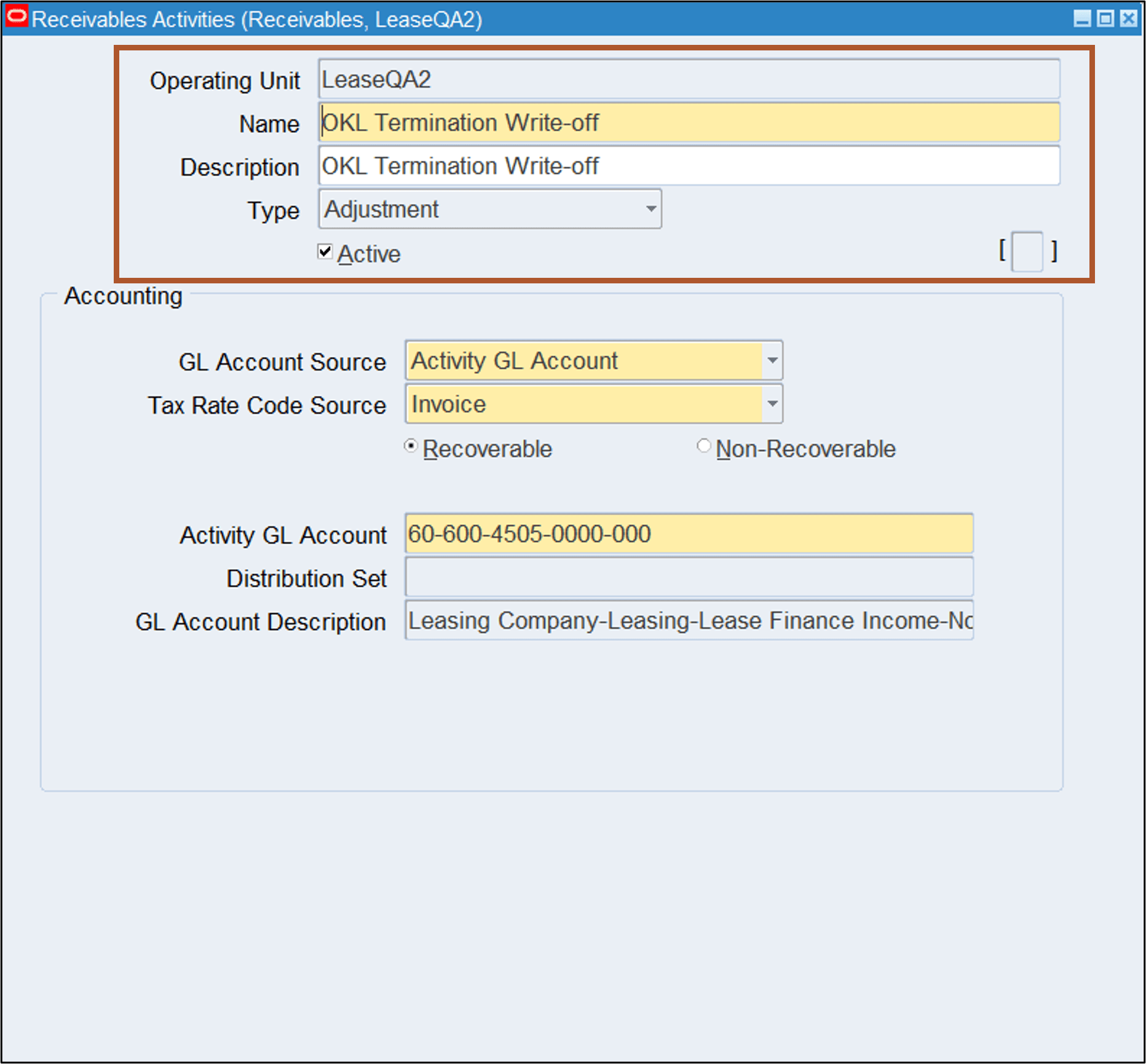 Create Receivables Activity for Termination Write-off Adjustments