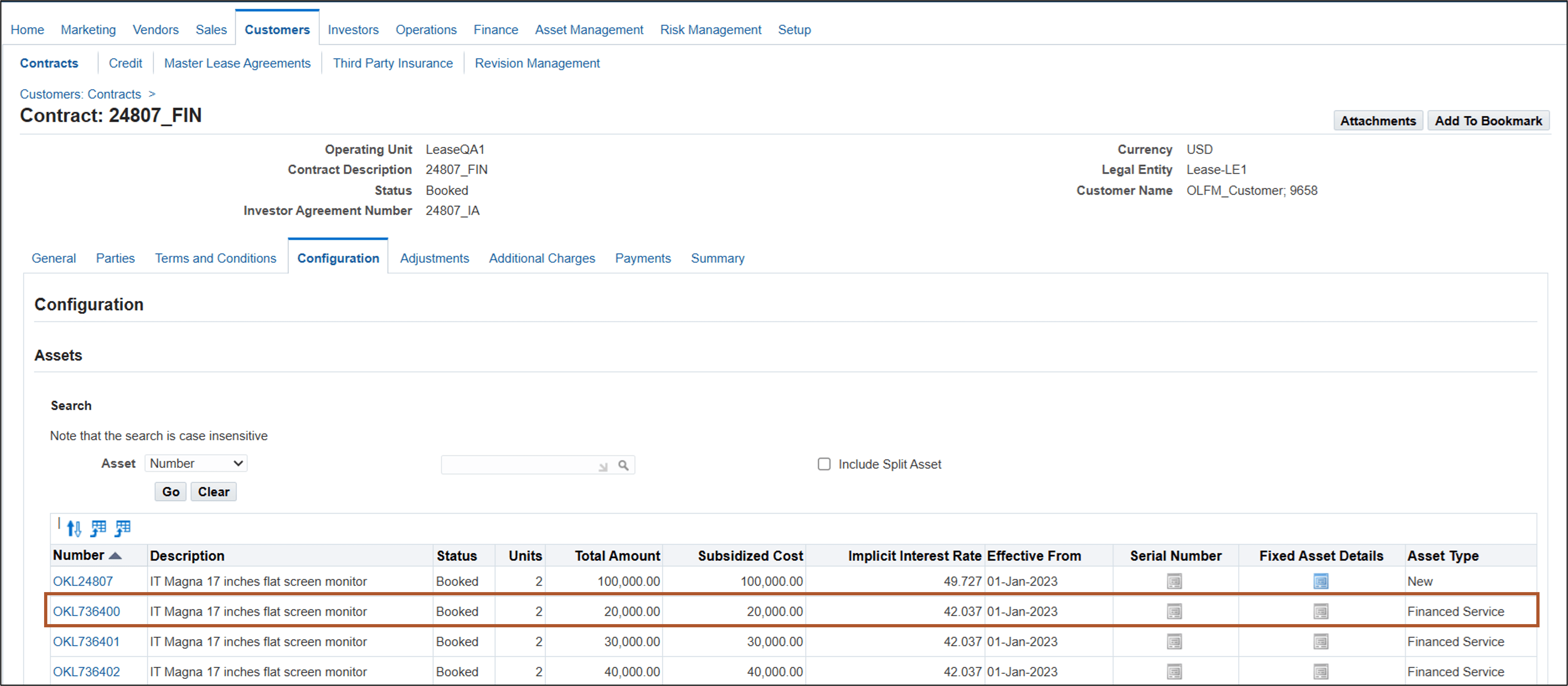 Create Contract with Financed Service Asset