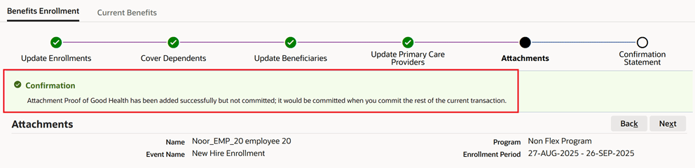 Message in Attachments page in Self Service Benefits enrollment train confirming the attachment was added successfully