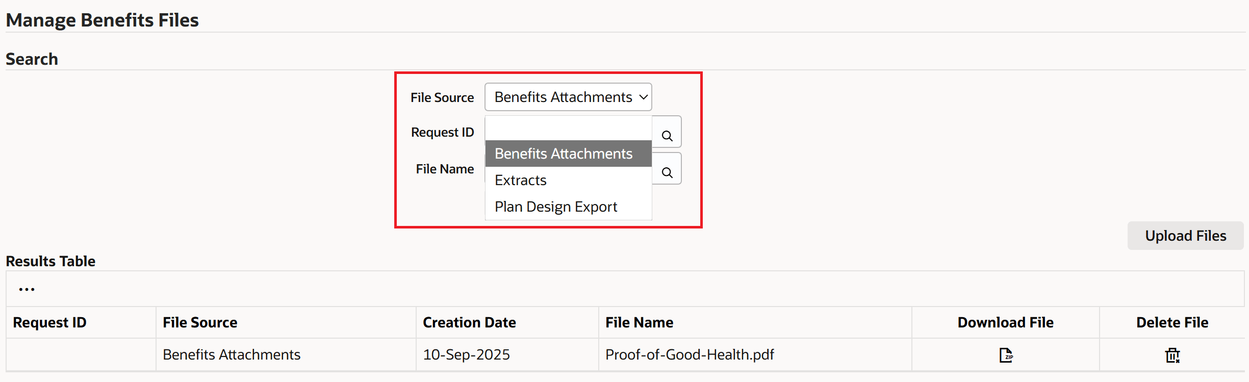 Manage Benefits Files > Search for and select files to download