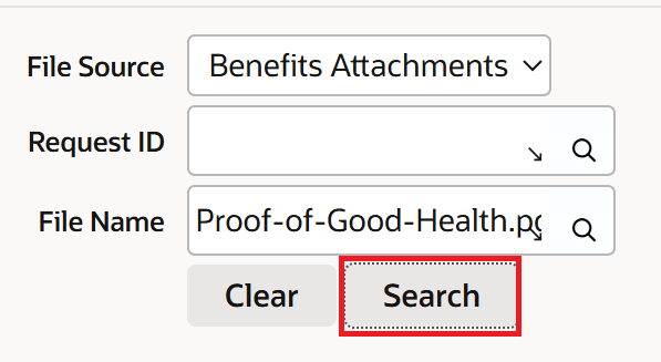 Manage Benefits Files >Search for selected file name
