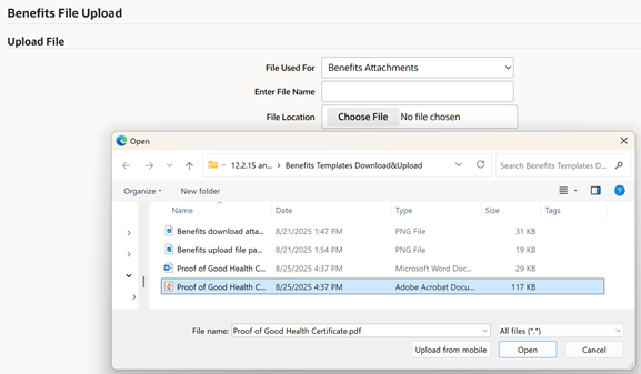 Manage Benefits Files > Uploading Proof of Good Health document from the applicable location