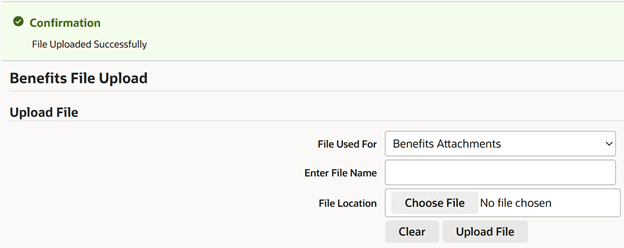 Manage Benefits Files > Confirmation message indicating successful file upload