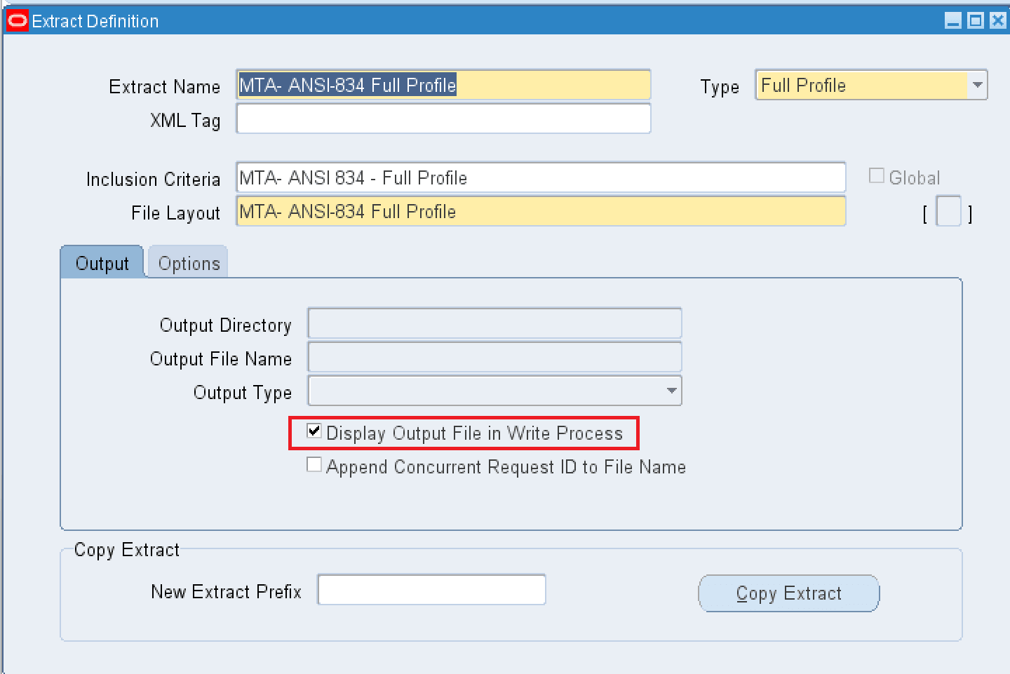 System Extract Definition with Display Output File in Write Process" checkbox selected
