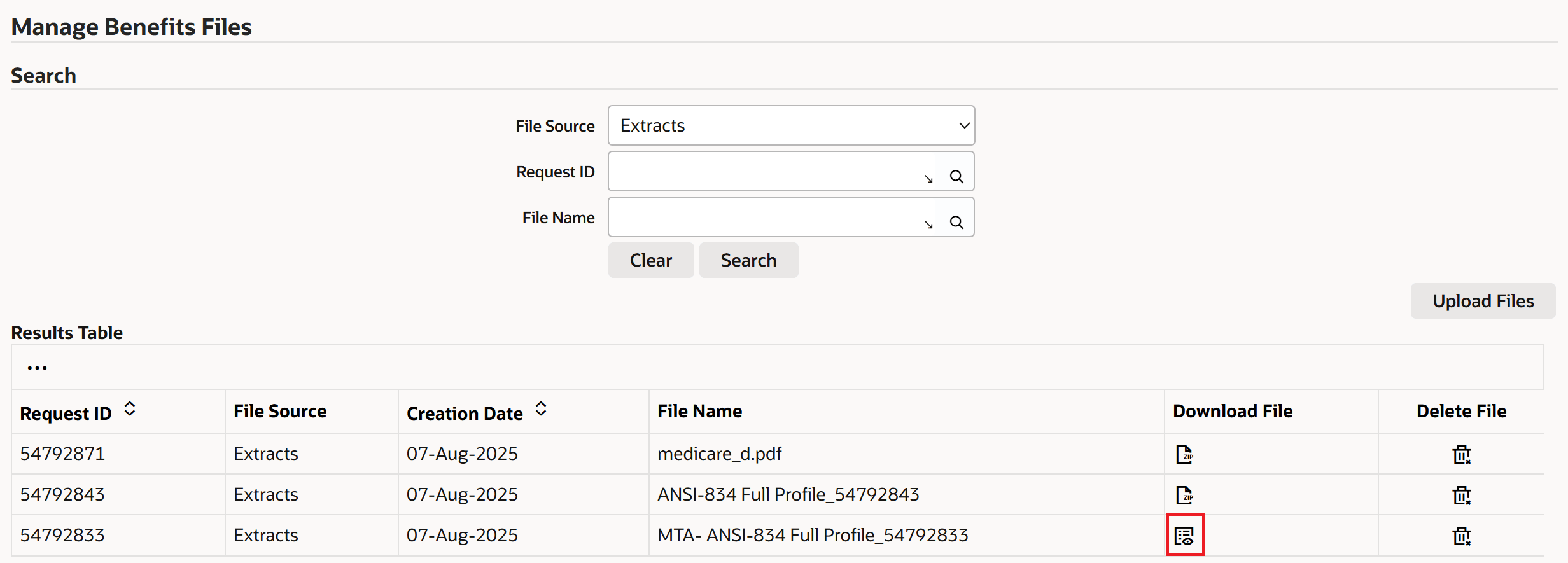 Results Table showing extract output file with Redirect Log icon in Download File column instead of Download zip icon