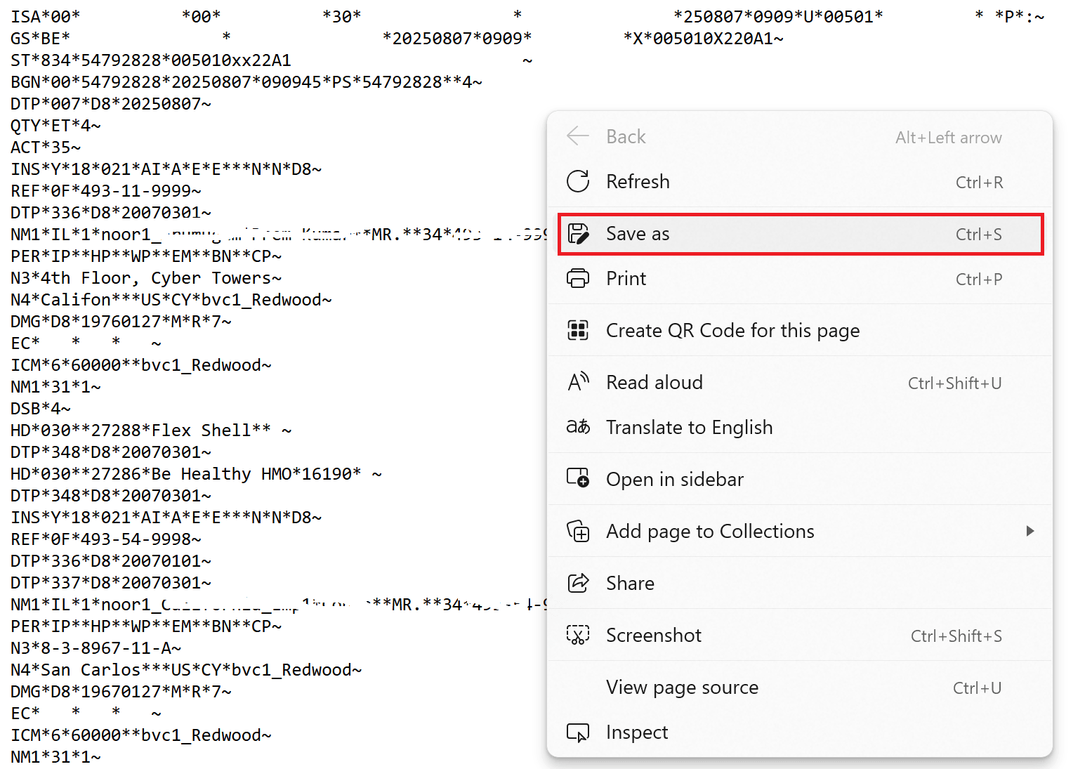 Right click and select Save As to save the displayed System Extract output