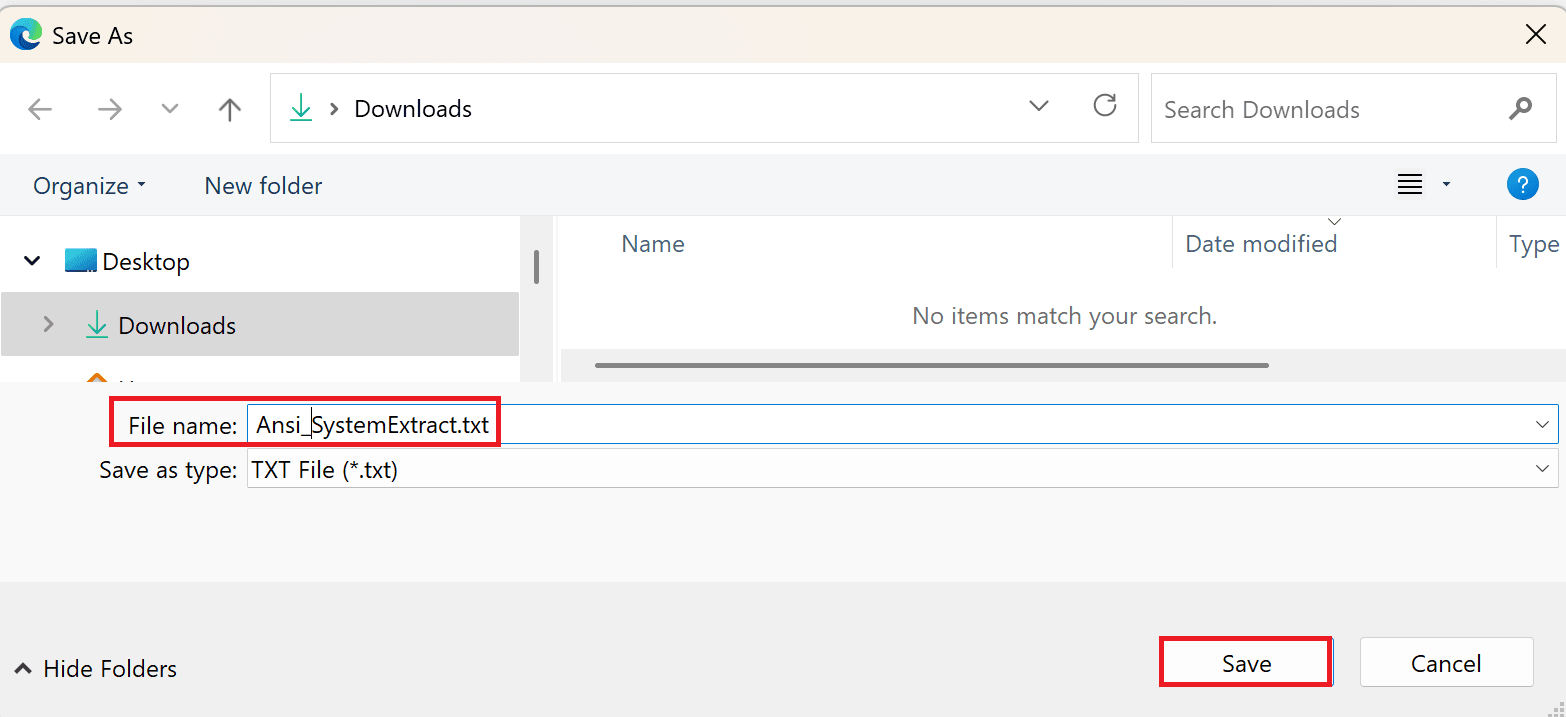 Save system extract output from web browser tab to the desktop or applicable file location