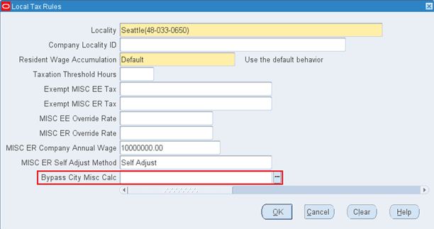 Local Tax Rules DFF at GRE level showing new Bypass City Misc field