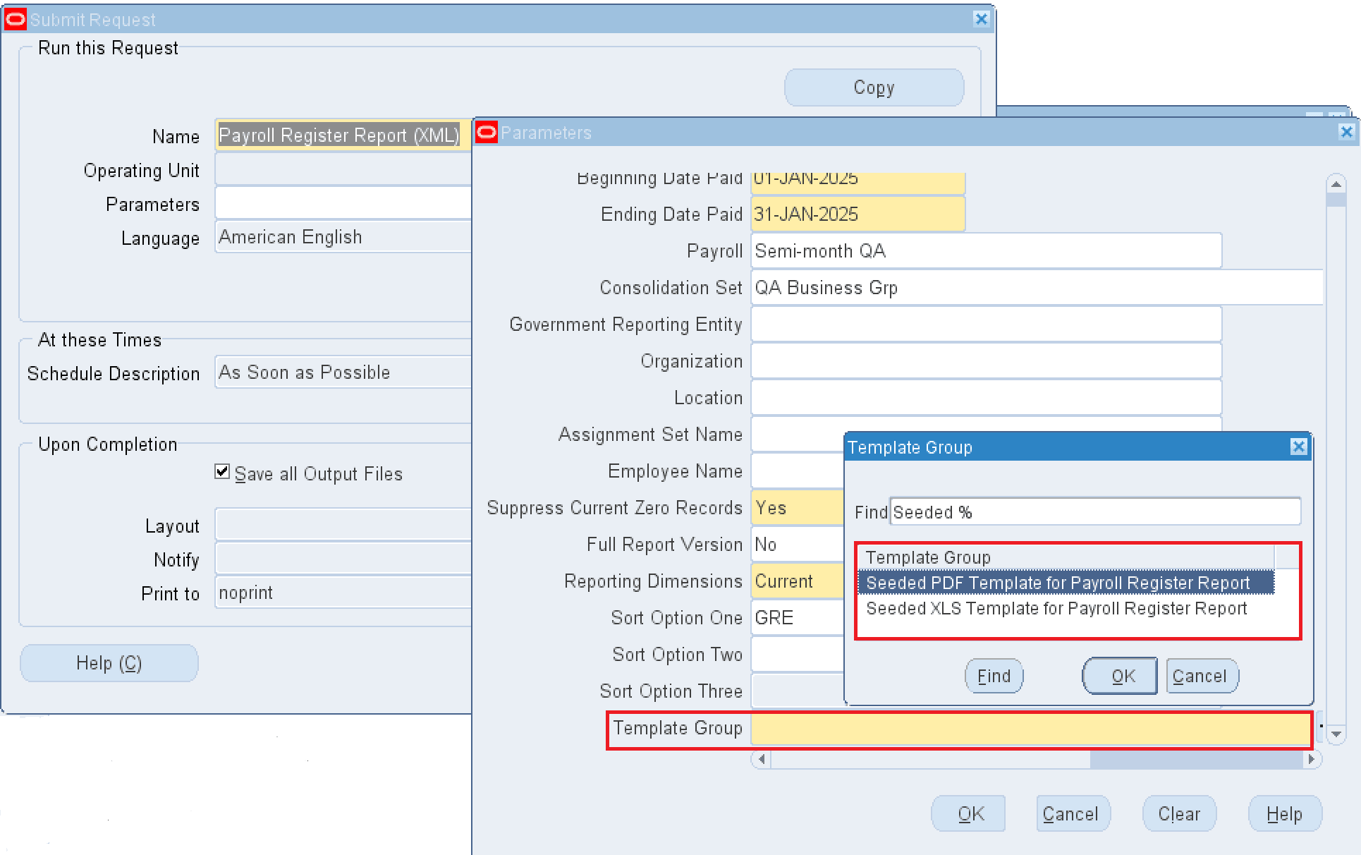 Payroll Register Report (XML) showing Template Group parameters with seeded templates available for selection