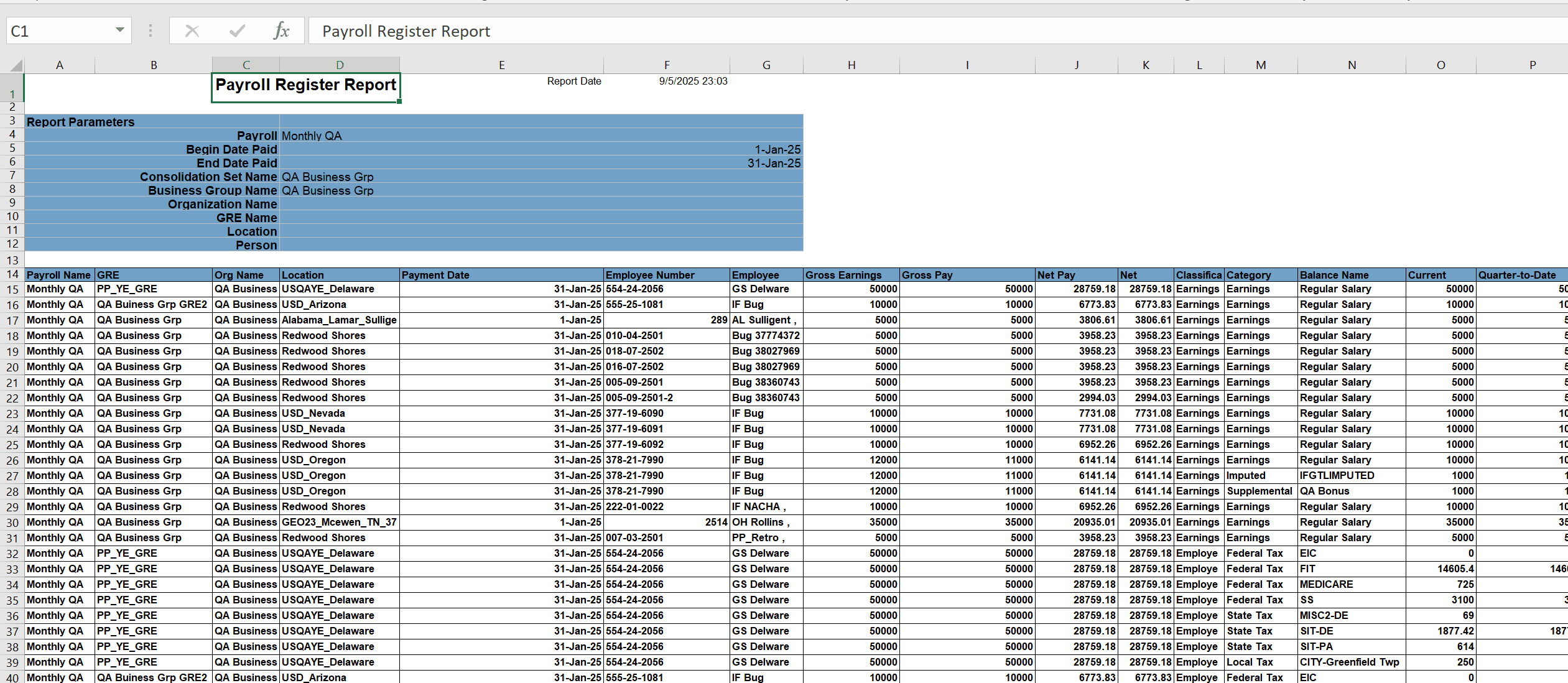 Payroll Register Details Report output in Excel Format