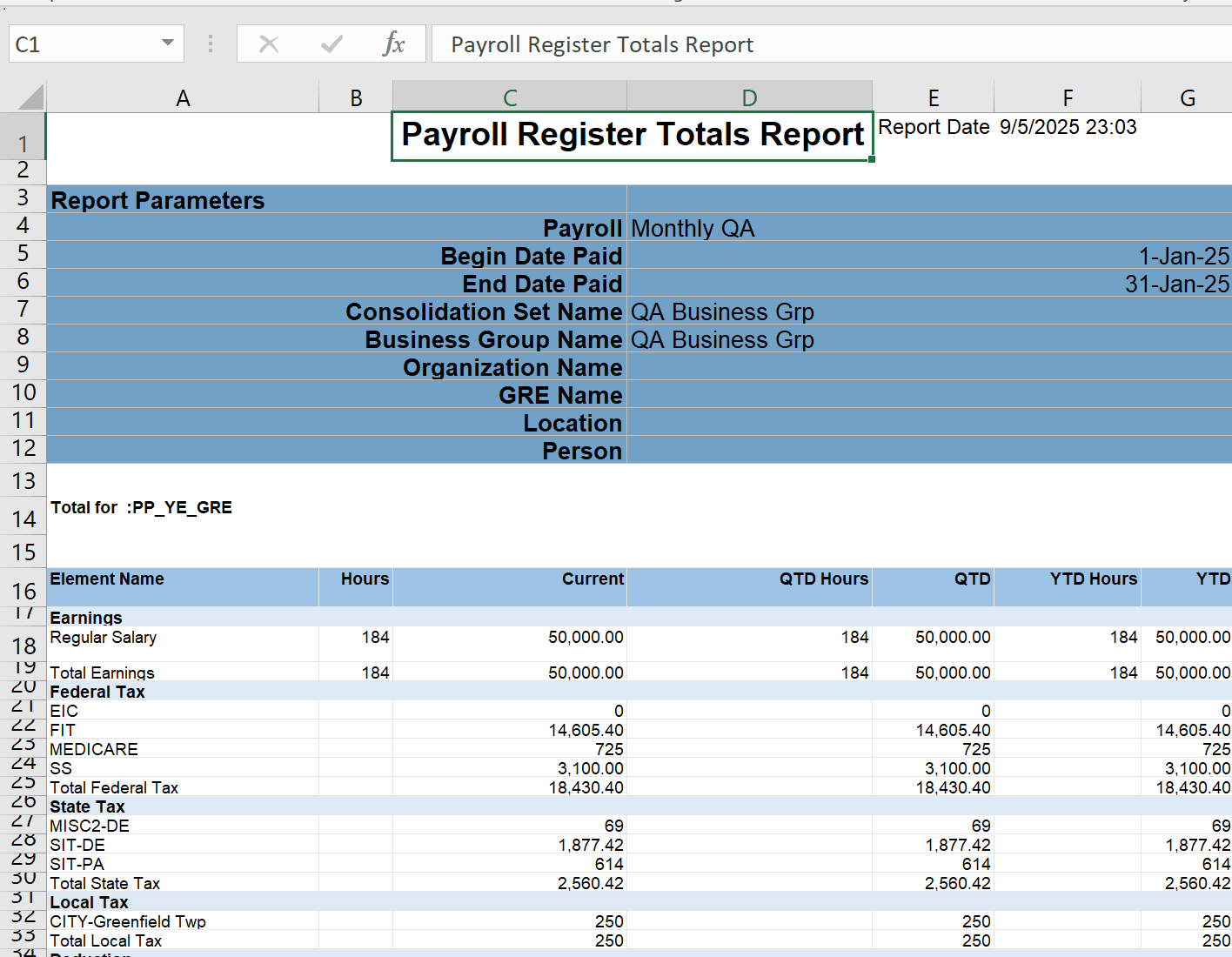 Payroll Register Totals Report output in Excel Format