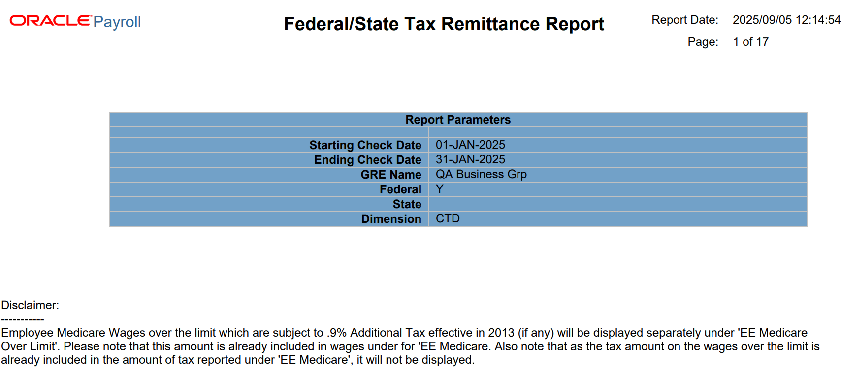 Federal Tax Remittance Report Header