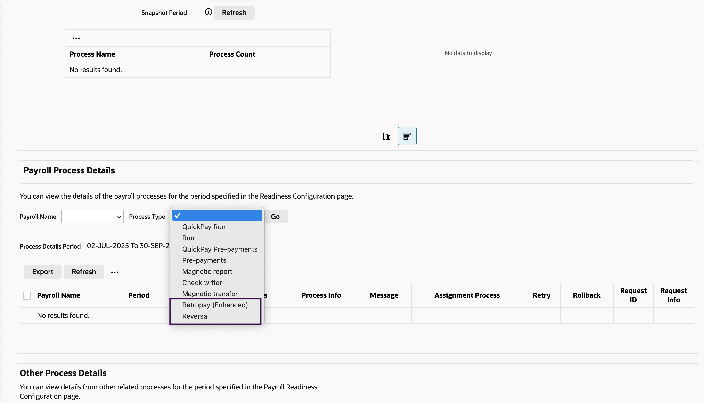 New RetroPay and Reversal options available in Process Type list of values in the Payroll Dashboard