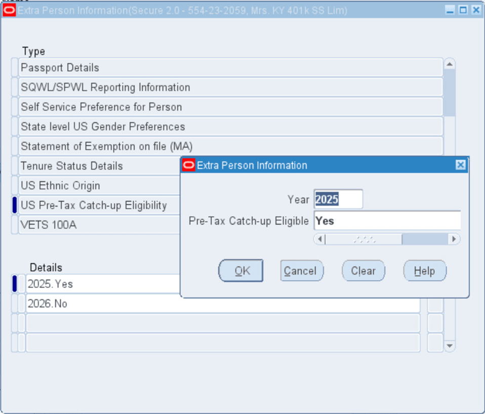 US Pre-Tax Catch-up Eligibility Person EIT