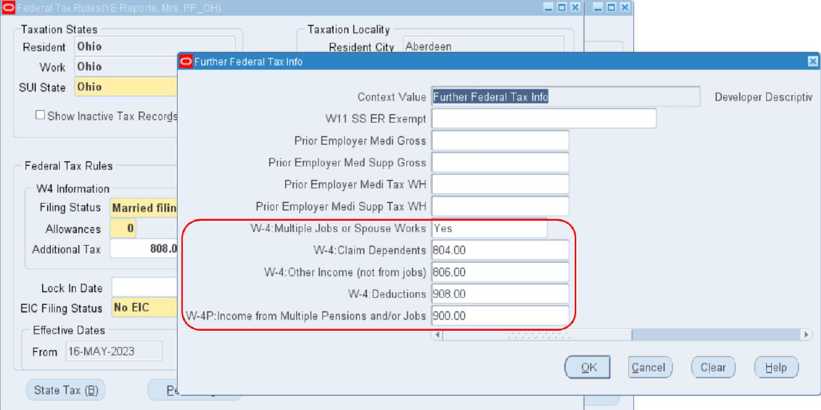 Further Federal Tax Info Window
