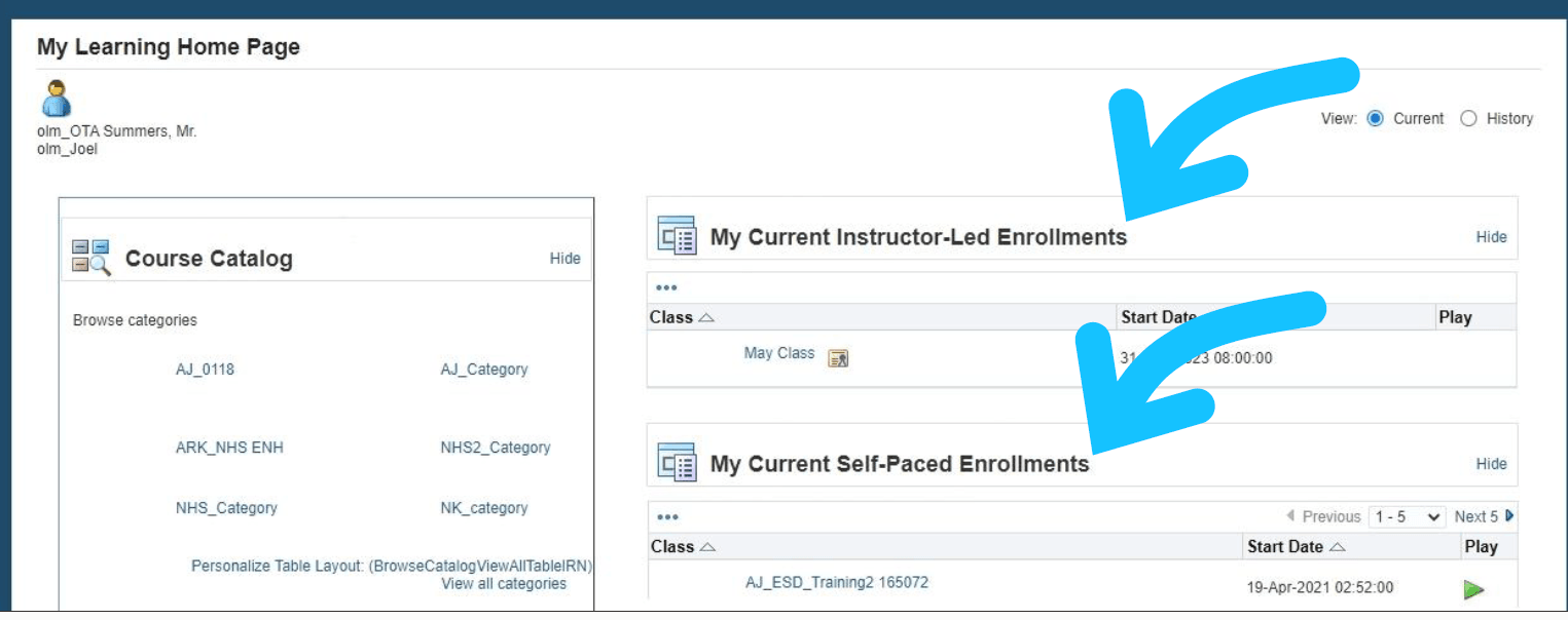 My Learning Home Page Sections