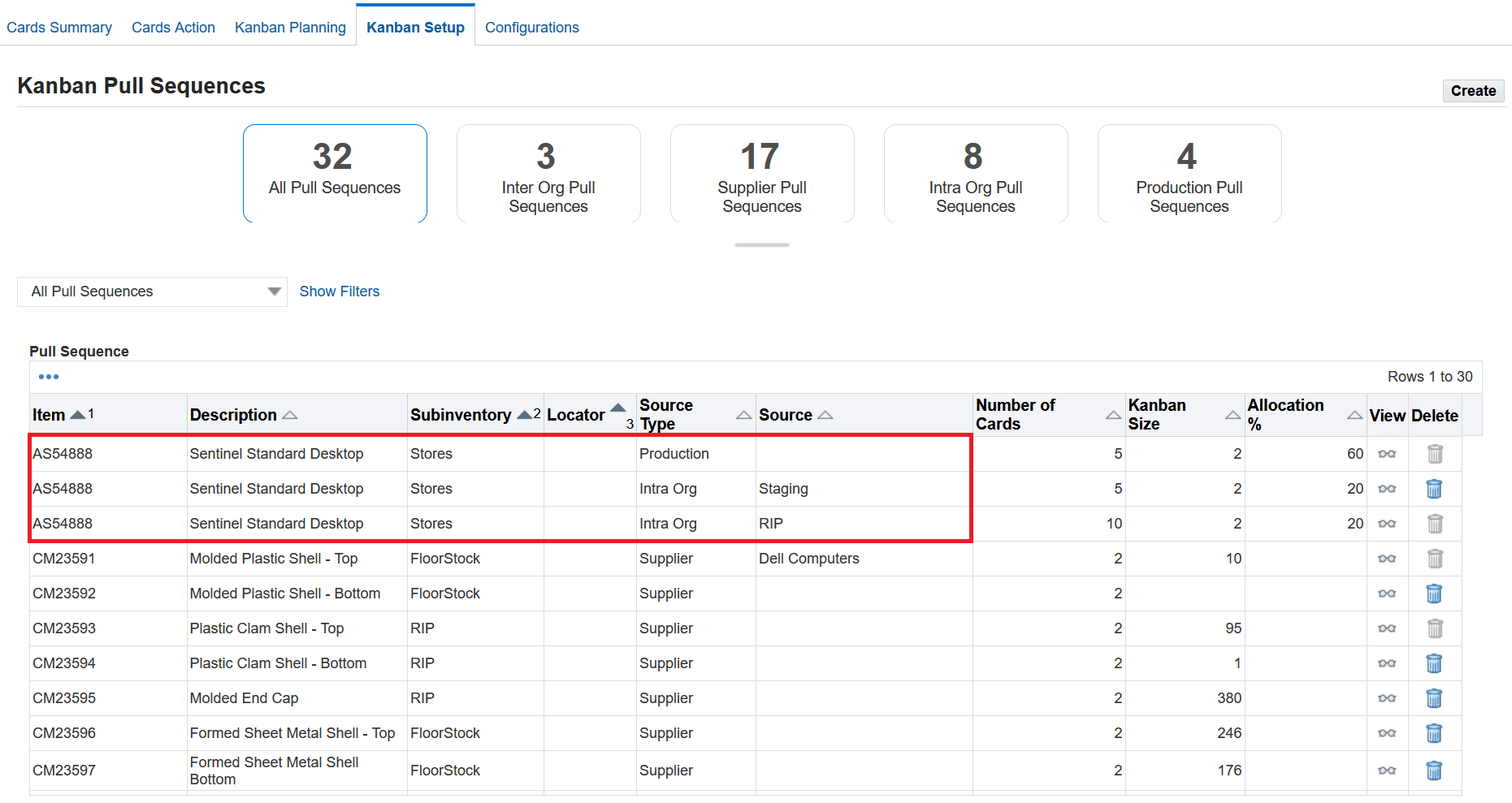 Kanban Setup - Pull Sequences with different source types and sources