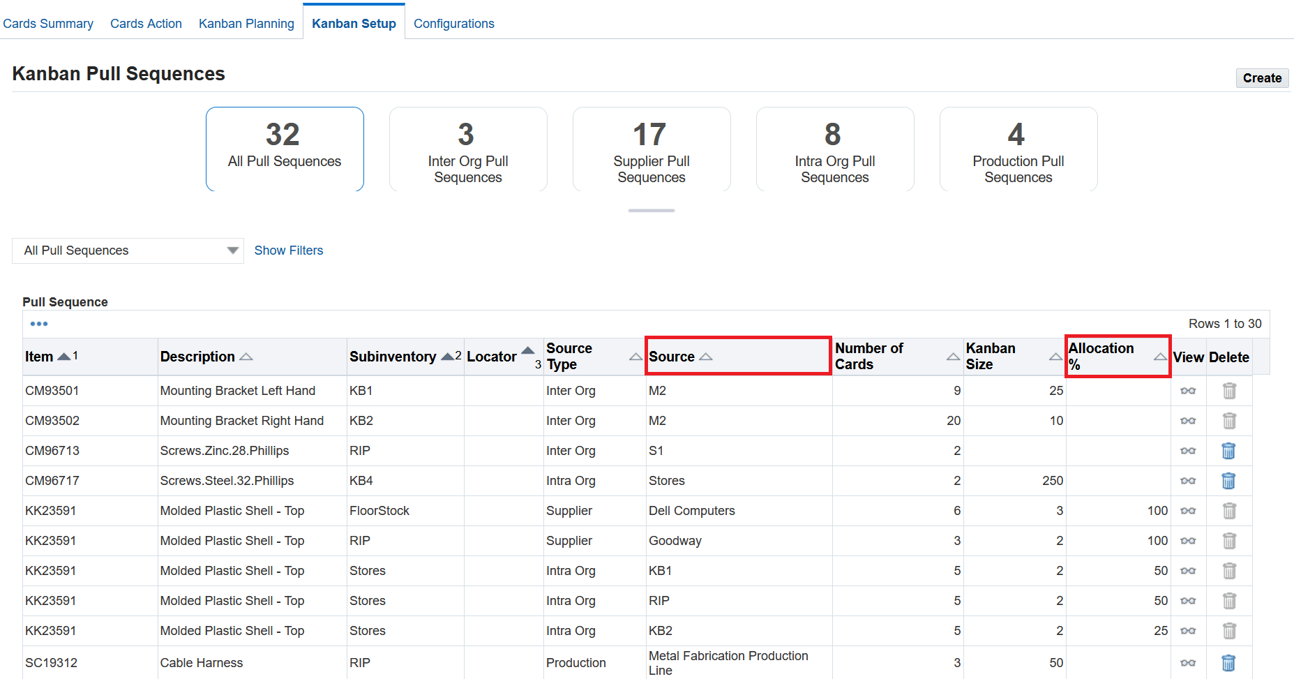 Kanban Setup - Personalize Source and Allocation % columns