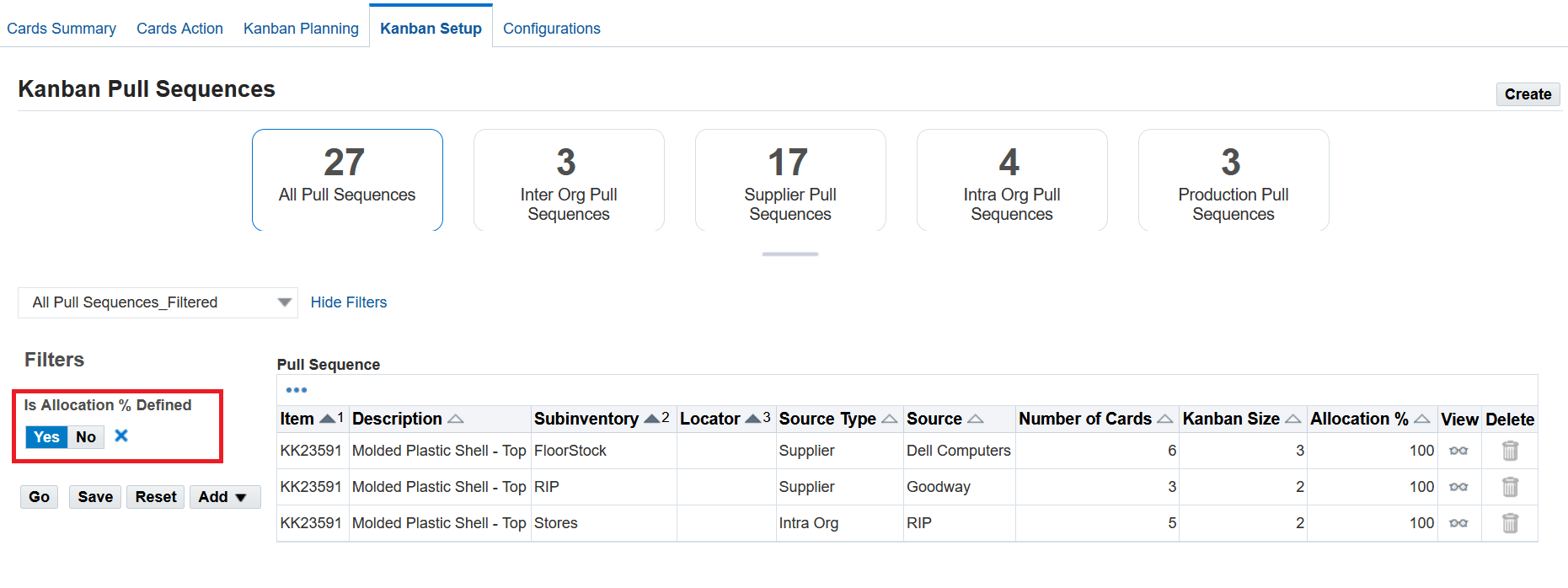 Kanban Setup - Filter pull sequences based on Allocation % defined