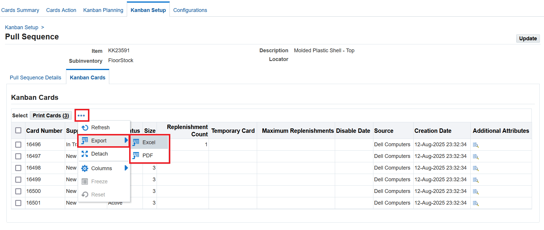 Kanban Cards table - Export action